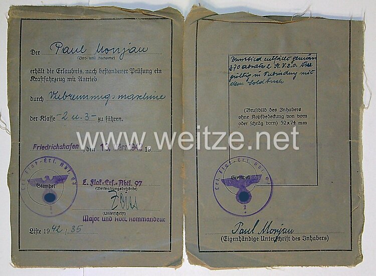 Luftwaffe-Führerschein für einen Kannonier der L.Flak-Ers.Abtl.97 Bild 2