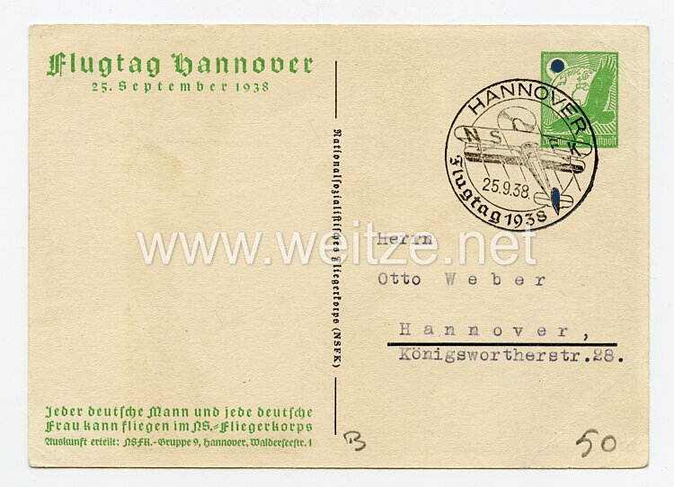 NSFK - farbige Propaganda-Postkarte - " Flugtag Hannover 25. September 1938 " Bild 2