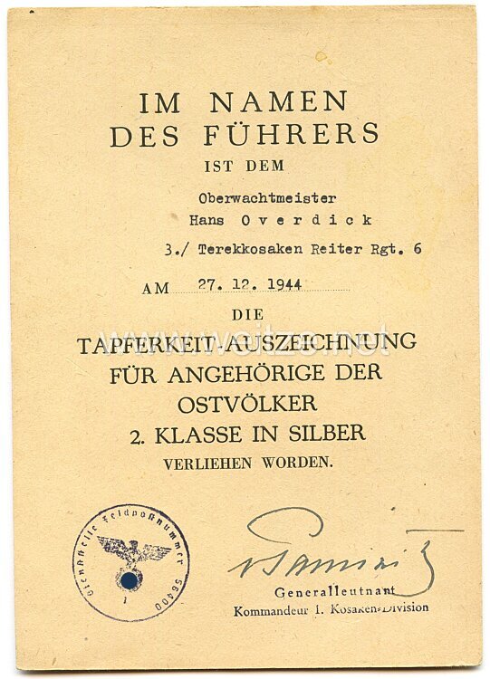 Wehrmacht Dokumenten- und Fotogruppe für einen späteren Oberwachtmeister der 3./Terekkosaken-Reiter-Regiment 6 Bild 2