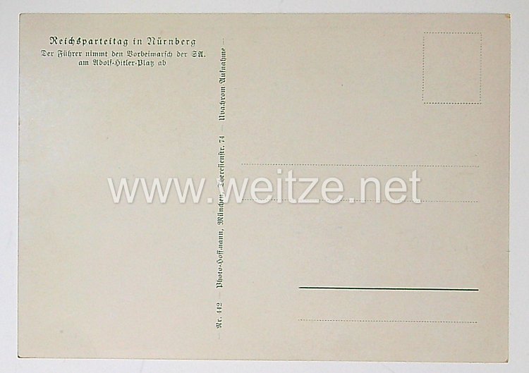III. Reich - farbige Propaganda-Postkarte - " Reichsparteitag in Nürnberg - Der Führer nimmt den Vorbeimarsch der SA am Adolf-Hitler-Platz ab " Bild 2