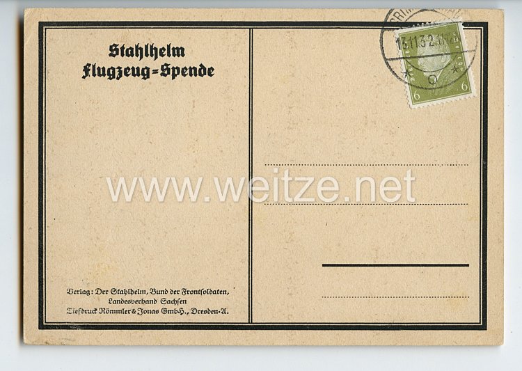 Stahlhelmbund - Propaganda-Postkarte - " Flieger-Staffel Baustein - Stahlhelm Flugzeug-Spende " Bild 2