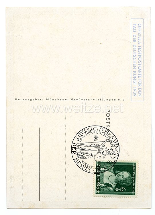 III. Reich - farbige Propaganda-Postkarte - " Tag der Deutschen Kunst München 14.-16. Juli 1939 " Bild 2