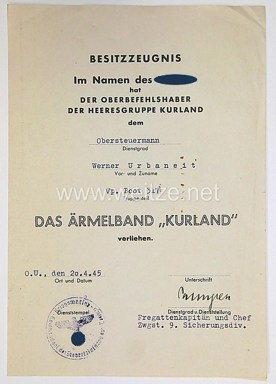 Kriegsmarine - Urkundengruppe und Fotos von einem Obersteuermann des Vorposten Boot 317 Bild 2