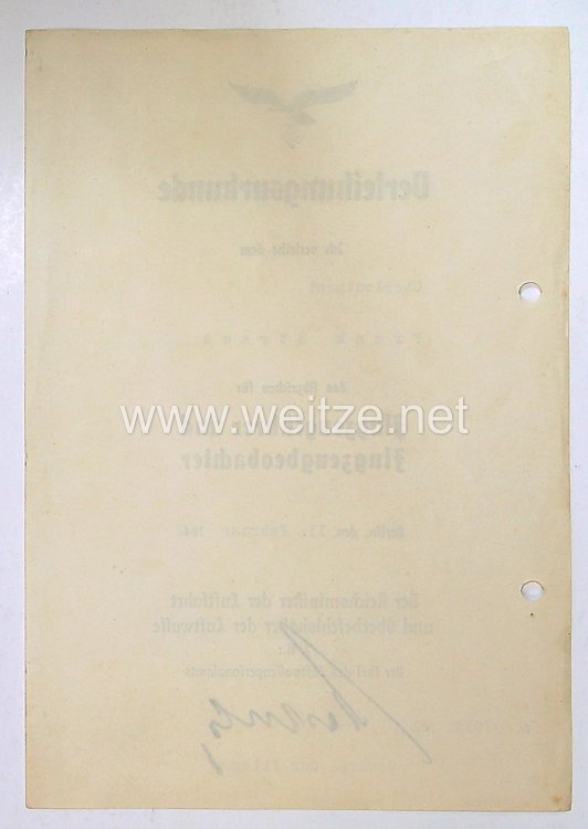 Verleihungsurkunde für das Abzeichen für Flugzeugführer und Flugzeugbeobachter ( Luftwaffendoppelabzeichen ) Bild 2