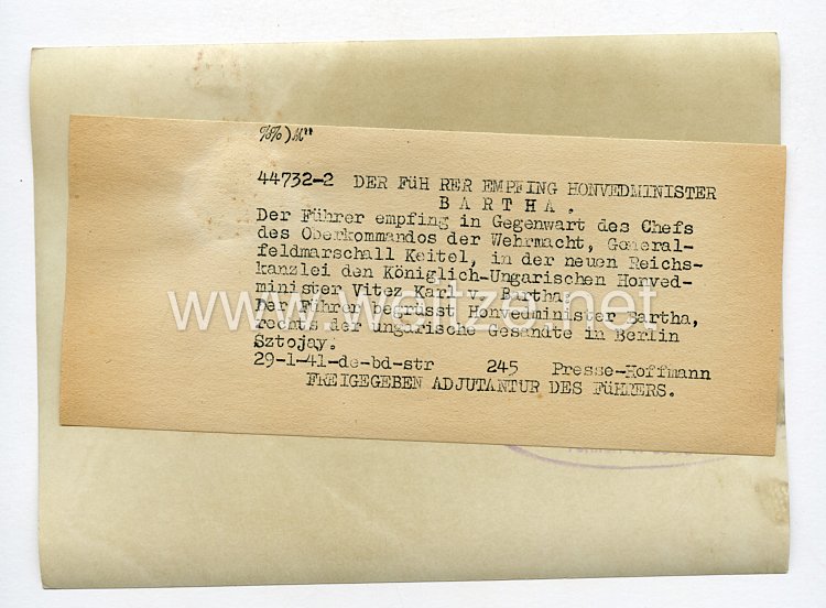 III. Reich Pressefoto. Der Führer empfing Honvedminister Bartha. 29.1.1941. Bild 2
