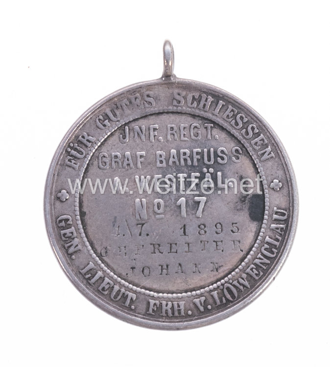 Preußen tragbare silberne Schießpreismedaille für das Infanterie-Regiment Graf Barfuss (4. Westfälisches) Nr. 17 von 1895 Bild 2