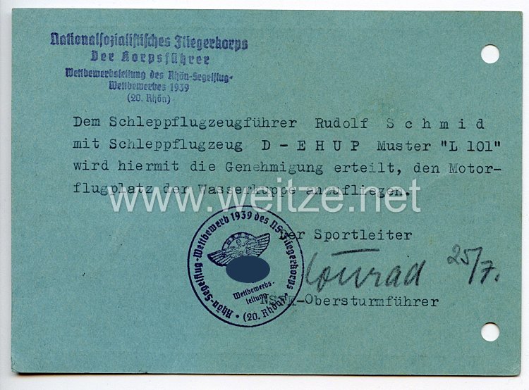 NSFK - Ausweis für Teilnehmer am Rhön-Segelflug-Wettbewerb 1939 ( 20. Rhön ) Bild 2