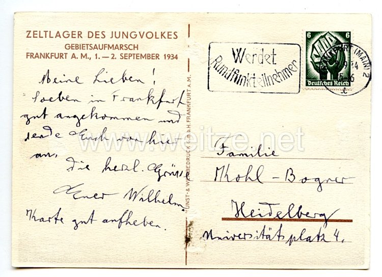 DJ - farbige Propaganda-Postkarte - " Zeltlager des Jungvolkes - Gebietsaufmarsch Frankfurt a.M. 1.-2. September 1934 " Bild 2