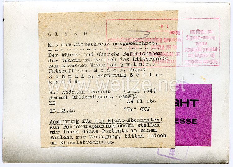 Wehrmacht Pressefoto: Mit dem Ritterkreuz ausgezeichnet. Unteroffizier Moder, Major Schmalz und Hauptmann Bellegarde 18.12.1940 Bild 2