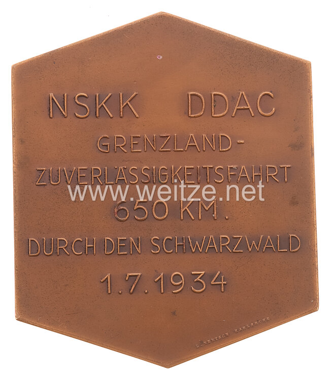 NSKK / DDAC - nichttragbare Teilnehmerplakette - "Grenzland Zuverlässigkeitsfahrt 650 km durch den Schwarzwald 1.7.1934"  Bild 2