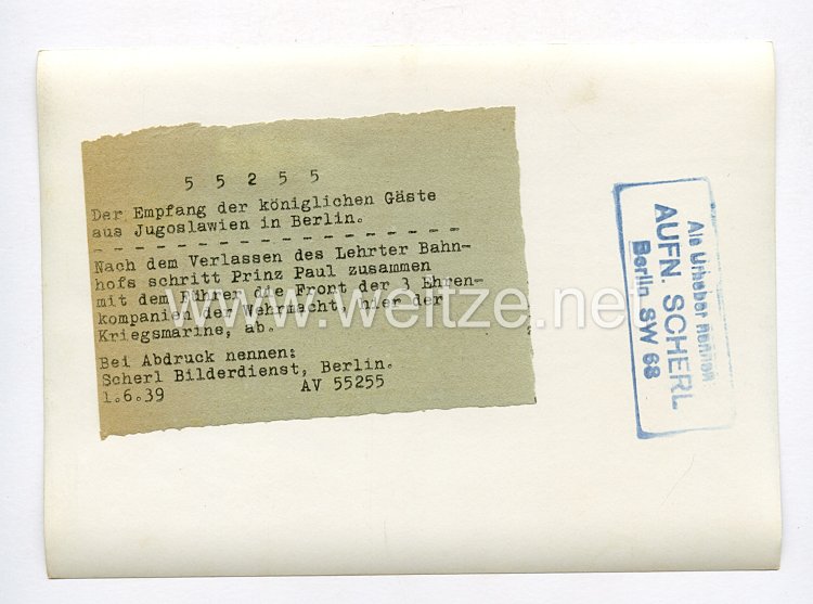 III. Reich Pressefoto. Der Empfang der Königlichen Gäste aus Jugoslawien in Berlin. 1.6.1939. Bild 2