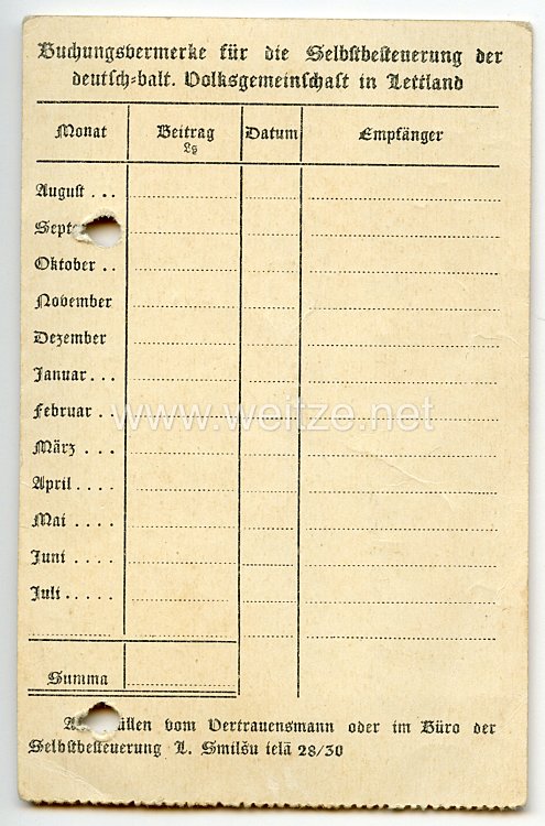 Deutsche Volksgemeinschaft in Lettland - Mitgliedskarte der Arbeitsgemeinschaft Riga 1939/40 Bild 2