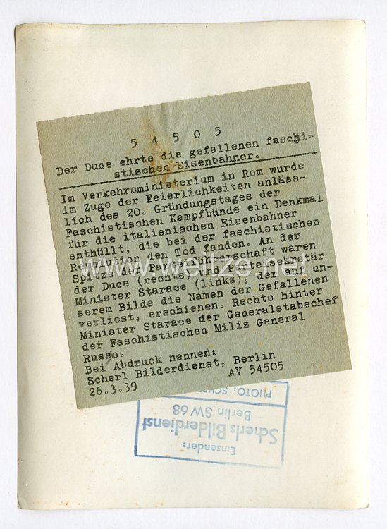 III. Reich Pressefoto. Der Duce ehrte die gefallenen faschistischen Eisenbahner. 26.3.1939. Bild 2