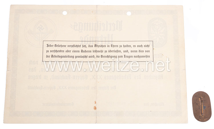 RAD Traditionsabzeichen des Arbeitsgau XXX - Bayern-Hochland ( Ostmark ) mit Verleihungsurkunde Bild 2