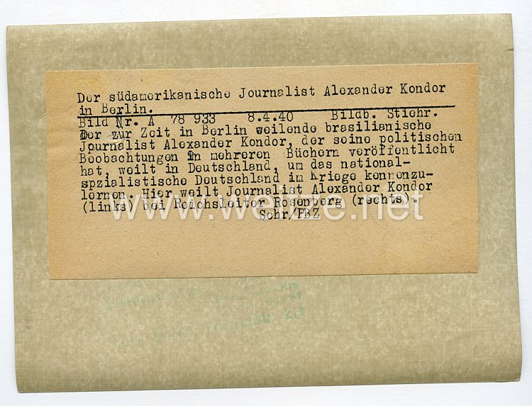 III. Reich Pressefoto. Der südamerikanische Journalist Alexander Kondor in Berlin. 8.4.1940. Bild 2