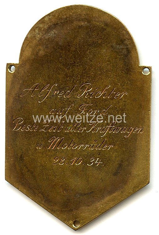 NSKK / DDAC - nichttragbare Siegerplakette - " Orientierungsfahrt rund um Nürnberg 1934 - Alfred Richter auf Ford Beste Zeit aller Kraftwagen u. Motorräder 28.10.34 "  Bild 2