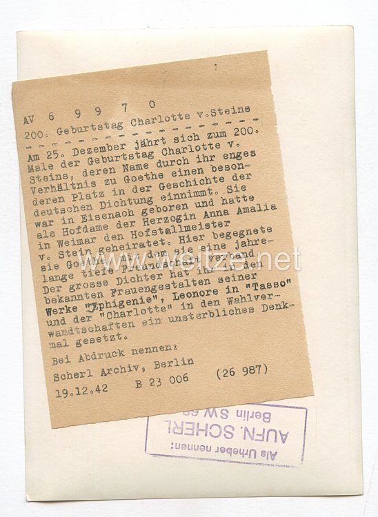 3. Reich Pressefoto: 200. Geburtstag Charlotte v. Steins 19.12.1942 Bild 2