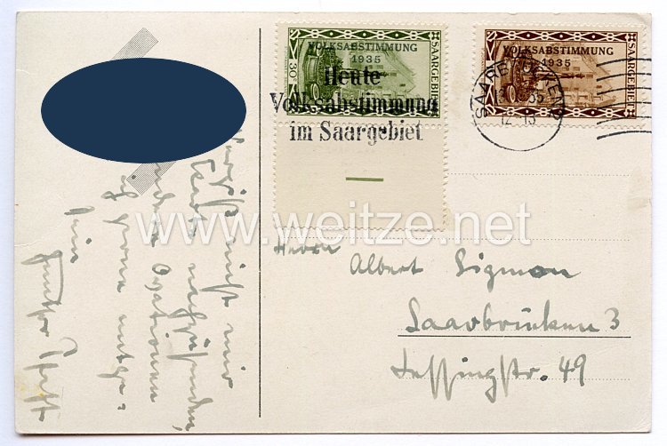 III. Reich - farbige Propaganda-Postkarte - " 1935 - Saarabstimmung - Deutsch auch Du an uns ? " Bild 2