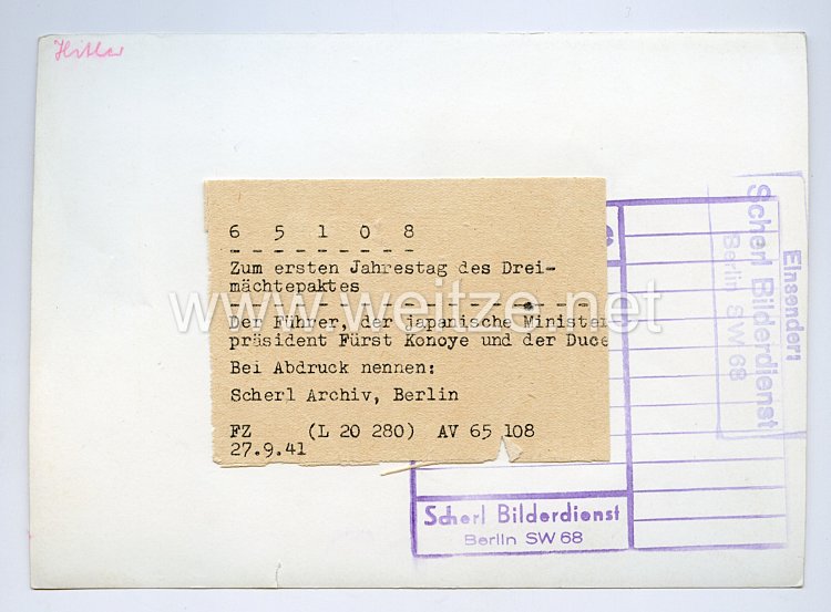 III. Reich Pressefoto: Zum ersten Jahrestag des Dreimächtepaktes 27.9.1941 Bild 2