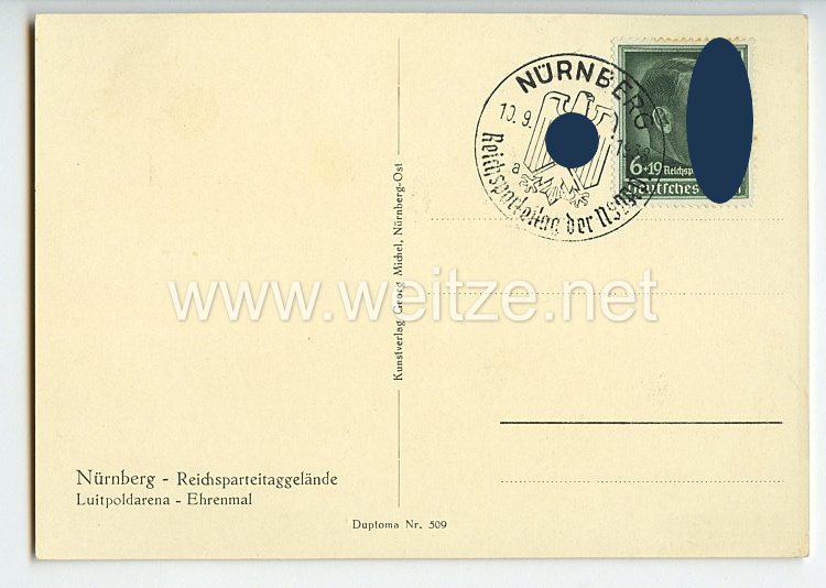 III. Reich - farbige Propaganda-Postkarte - " Reichsparteitag 1938 - Nürnberg - Reichsparteitagsgelände - Luitpoldarena - Ehrenmal " Bild 2