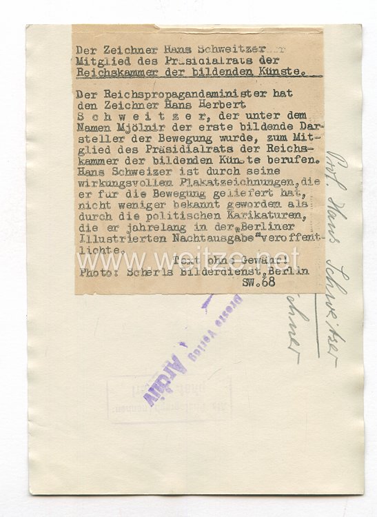 3. Reich Pressefoto: Hans Schweitzer Mitglied des Präsidialrats der Reichskammer der bildenden Kunst Bild 2