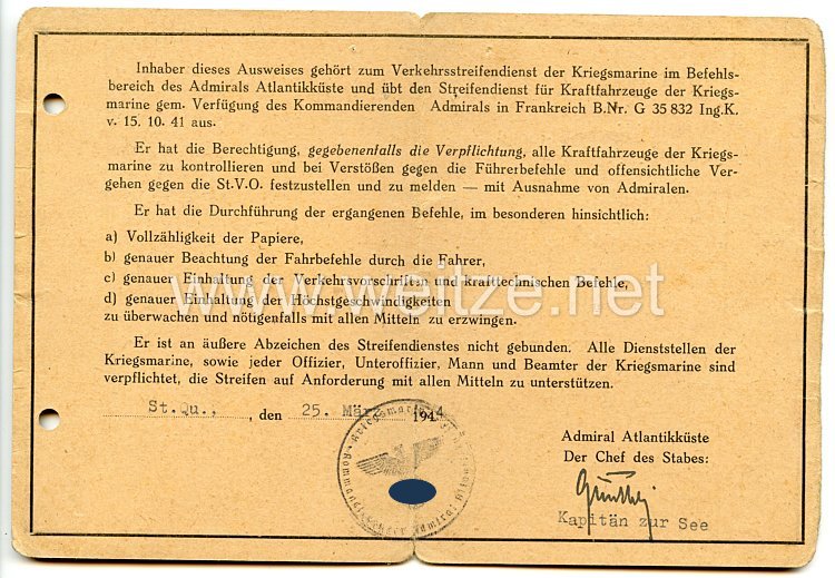 Admiral Atlantikküste - Verkehrsstreifen-Ausweis für einen Kraftfahr-Oberfeldwebel der 16. Marine-Kraftfahrabteilung Bild 2