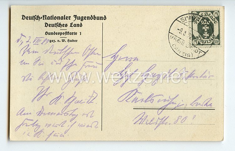III. Reich - Propaganda-Postkarte - " Danzig - Gott schütze den deutschen Osten - Deutsch-Nationaler Jugendbund Deutsches Land " Bild 2