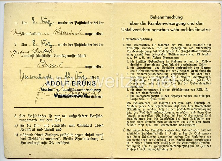 Studentenführung der Höheren Technischen Staatslehranstalt Holzminden - Kriegseinsatzpass für die studentische Erntehilfe 1940 Bild 2