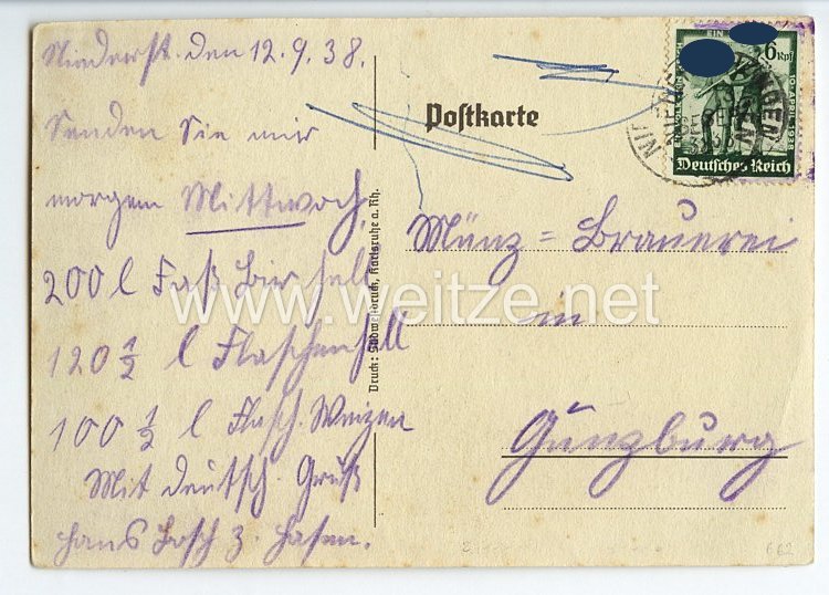 III. Reich - farbige Propaganda-Postkarte - " Wettkämpfe der SA-Gruppe Südwest Karlsruhe 2.u.3.Juli 1938 " Bild 2