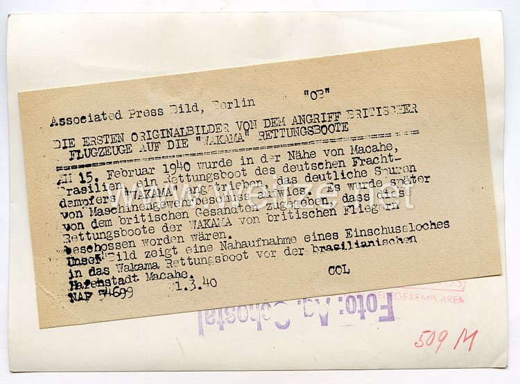 Kriegsmarine Pressefoto: Angriff britischer Flugzeuge auf die "Wakama" Rettungsboote 1.3.1940 Bild 2