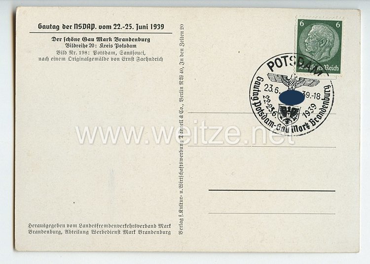 III. Reich - farbige Propaganda-Postkarte - " Gautag der NSDAP vom 22.-25. Juni 1939 - Der schöne Gau Mark Brandenburg - Potsdam " Bild 2