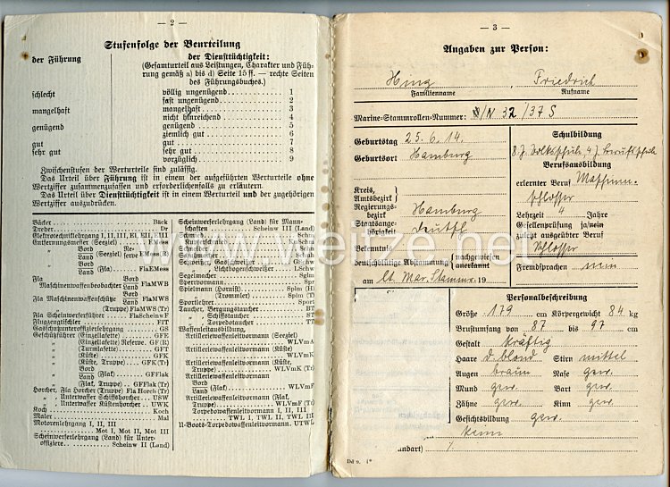 Kriegsmarine - Führungsbuch für einen späteren Obermechaniker (A) im Artillerie-Arsenal Cuxhaven, der noch vom 2.-8.5. im Infanterie-Einsatz in Mecklenburg war Bild 2