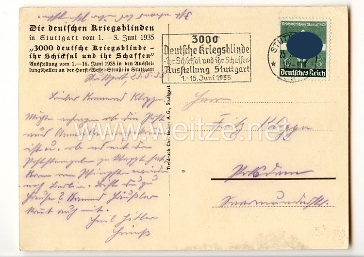 III. Reich - farbige Propaganda-Postkarte - " Deutsches Kriegsblinden Treffen 1935 Stuttgart - NSKOV " Bild 2