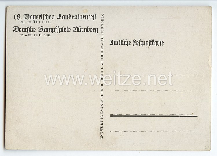 III. Reich - farbige Propaganda-Postkarte - " 18. Bayerisches Landesturnfest Nürnberg 20.-22. Juli 1934 " Bild 2