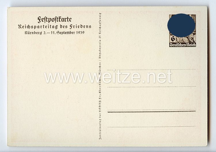 III. Reich - farbige Propaganda-Postkarte - " Reichsparteitag des Friedens Nürnberg 2.-11.9.1939 " Bild 2