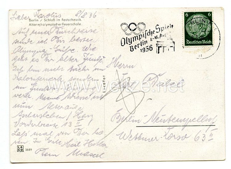 III. Reich - Propaganda-Postkarte - " Berlin / Schloß im Festschmuck. Altar mit olympischer Feuerschale " Bild 2