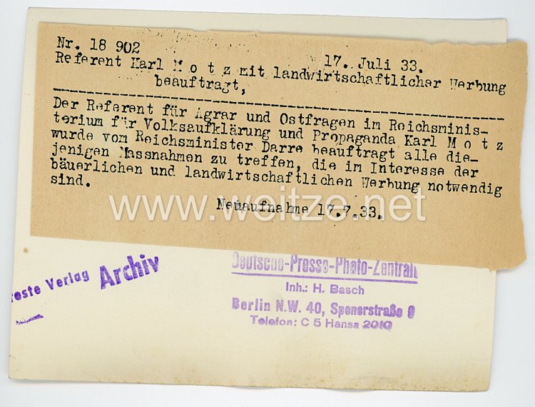 III.Reich Pressefoto, Referent Karl Motz mit Landwirtschaftlicher Werbung beauftragt 17.7.1933 Bild 2
