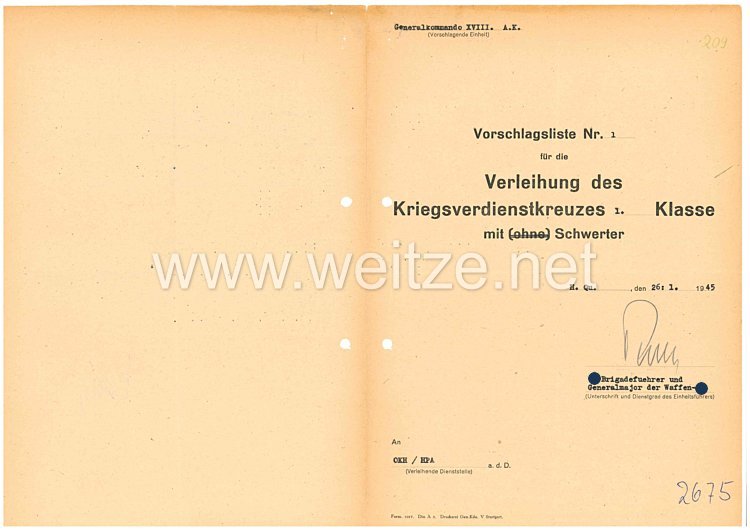 Vorschlagliste - Kriegsverdienstkreuz 1.Klasse mit Schwerter / Generalkommando 18 - SS Armeekorps Bild 2