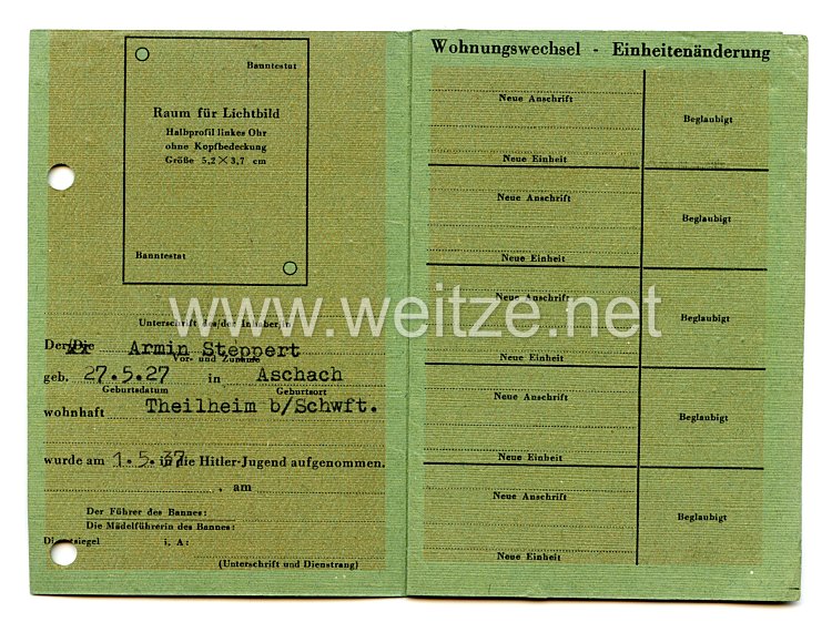 HJ - Dienstkarte der Hitlerjugend Fähnlein 20/335 Bild 2