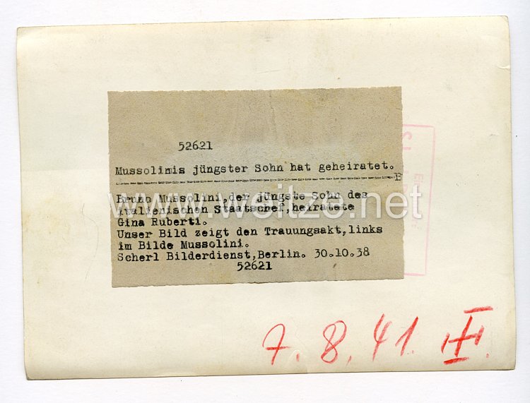 III. Reich Pressefoto. Mussolinis jüngster Sohn hat geheiratet. 30.10.1938. Bild 2