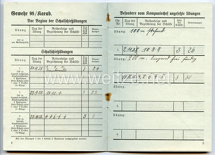 Schießbuch für Erg.-Schützen-Kompanie für einen Schützen der 18.(E)/Inf.Rgt.20 im E Lehrgang 1938 Bild 2