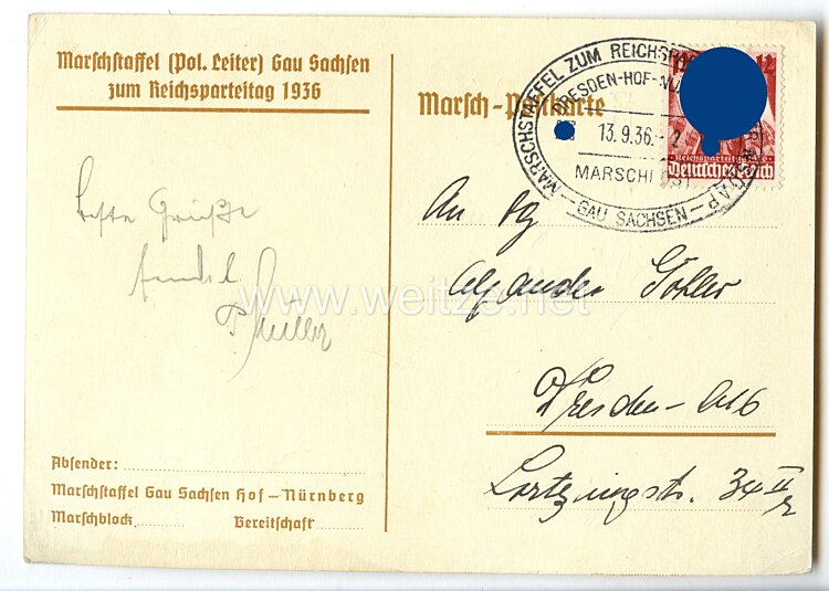 III. Reich - farbige Propaganda-Postkarte - " Marsch-Postkarte zum Reichsparteitag 1936 " Bild 2