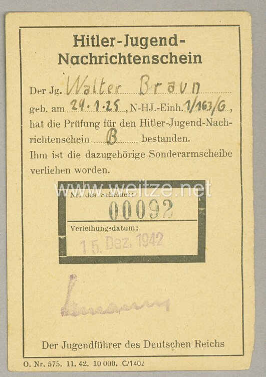 HJ - Bann Geest ( 163 ) - Urkundentrio für einen Jungen mit verliehenem Nachrichten-Leistungsabzeichen - B-Prüfung Bild 2