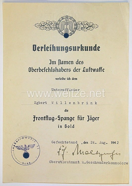 Luftwaffe - Verleihungsurkunde, Frontflugspange für Jäger in Gold, + Prüfungszeugnis Bild 2