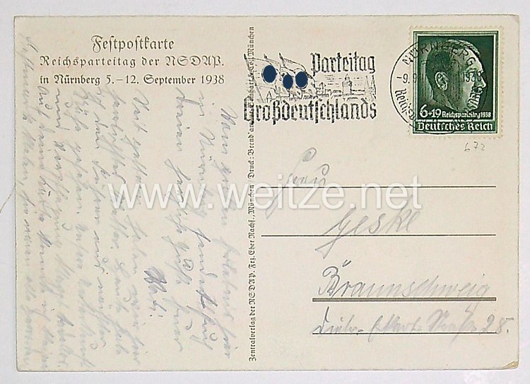 III. Reich - farbige Propaganda-Postkarte - " Reichsparteitag Nürnberg 1938 " Bild 2