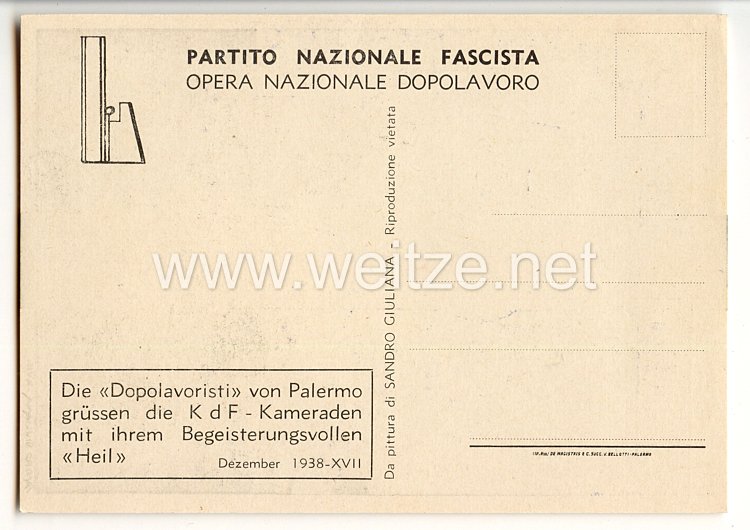 III. Reich / Italien - farbige Propaganda-Postkarte - " KdF Kraft durch Freude - PNF - OND Berlin Maifeld 1937 " Bild 2