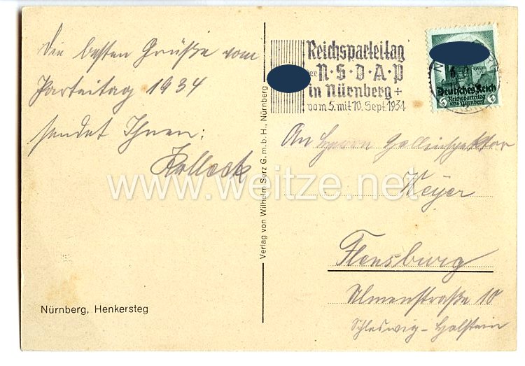 III. Reich - farbige Propaganda-Postkarte - " Erinnerung an den Reichsparteitag der NSDAP Nürnberg 5.-10.Sept.1934 - Henkersteg " Bild 2