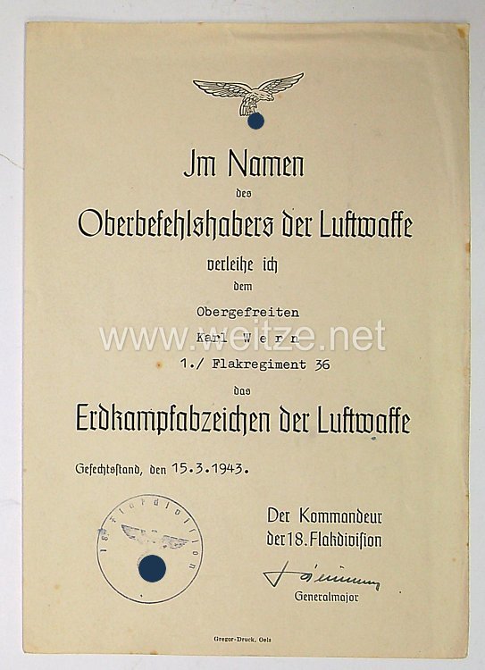 Luftwaffe - Urkundengruppe eines späteren Obergefreiten der 1./Flakrgt.36 Bild 2