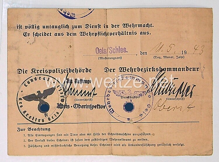 III. Reich - Ausmusterungsschein für einen Mann des Jahrgangs 1897 aus Schlesien  Bild 2