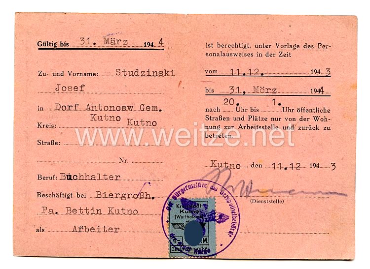 III. Reich Nacht - Ausweis für einen Mann aus dem Dorf Antonoew Gemeinde Kutno ( Polen )   Bild 2